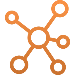 An orange icon depicting a centred circle with smaller circles branching out in different directions.