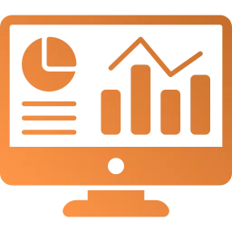 An orange icon depicting a computer screen with several graphs inside it.