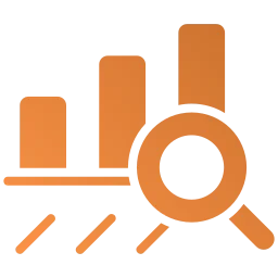 An orange icon depicting a graph with a magnifying glass overlaid onto it.