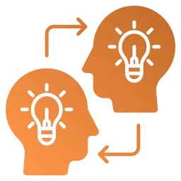 An orange icon depicting two people sharing ideas. Two side profile faces with lightbulbs inside them and arrows connecting them.